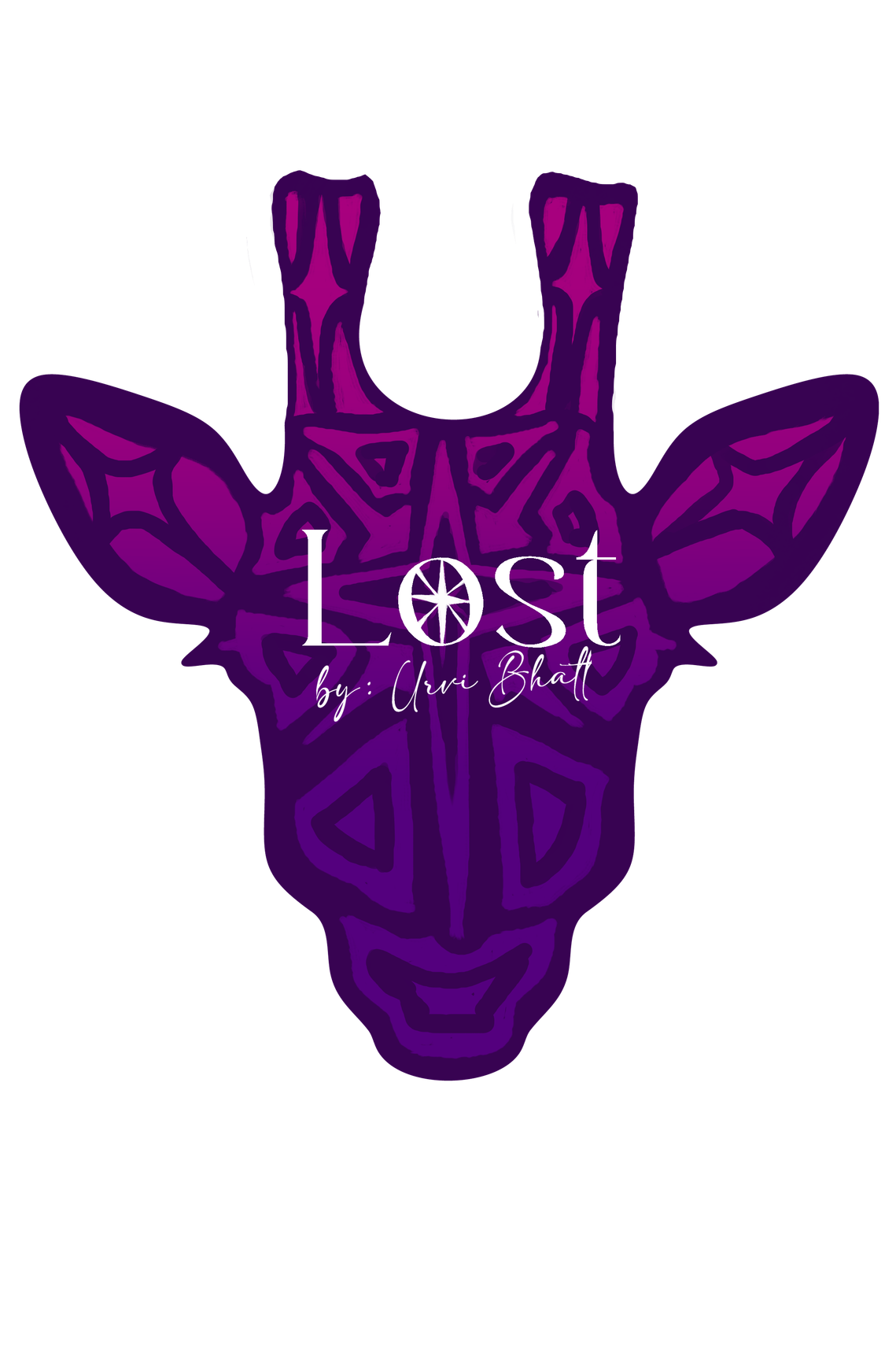 Text Reads: LOST by Urvi Bhatt (in white font). The text sits on the face of a purple giraffe. The image is a geometrically designed icon of a giraffes face, ears and horns all in shades of purple. The shapes within enhance the facial features.