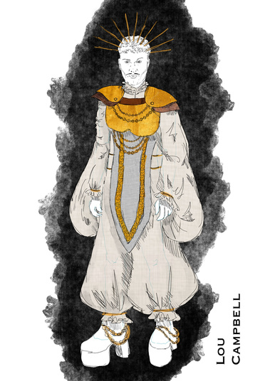 Costume Sketch in watercolour by Diego Cavedon Dias. Text reads: Lou Campbell.  Drawing of a person with a moustache wearing a gold crown, a turtle neck collar & a gold plated shoulder & breast plate on top of a wide-sleeved one-piece with platform heels.