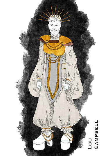 Costume Sketch in watercolour by Diego Cavedon Dias. Text reads: Lou Campbell.  Drawing of a person with a moustache wearing a gold crown, a turtle neck collar & a gold plated shoulder & breast plate on top of a wide-sleeved one-piece with platform heels.