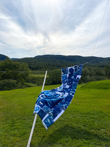 Donica's quilt, made of cyanotype prints, is hung between two clothes lines giving it a the illusion of movement. The backdrop is a green hilly landscape in  vibrant contrast with the cyan quilt. There are many patches on the quilt with various prints. 