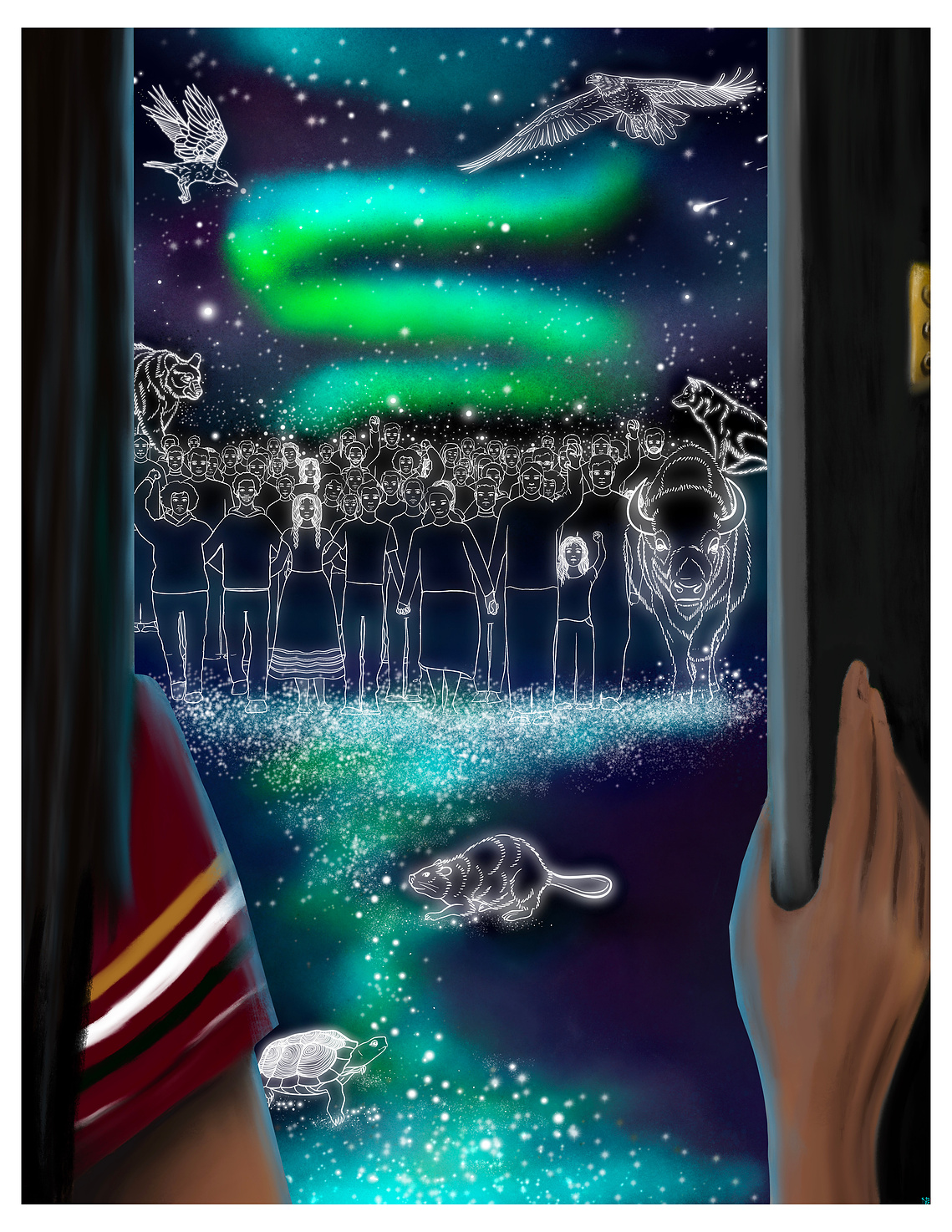 A person with long black hair holds open a door. There's a river of Northern Sky lights with a turtle & beaver on its banks. A crowd of people stands in the centre of the river including a bear, wolf & buffalo. A crow & large hawk fly above the crowd.