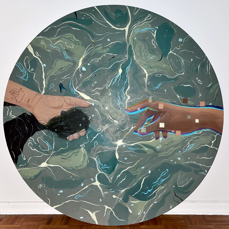 Image of a circular painting of two hands in gray-green rippled water. The forearms & hands are coming from opposite sides of the painting. The hand on the left is holding a black material and has a tattoo with a cat on a cloud that says art underneath.