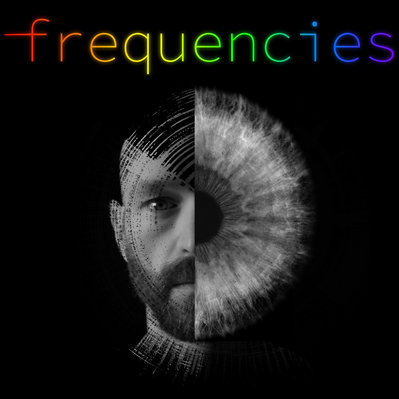 The word frequencies appears on the top in the full spectrum of colour from red on the left to violet on the right. Below is a black and white image of Aaron Collier's face on the left  bisected with a black and white macro image of his iris on the right.