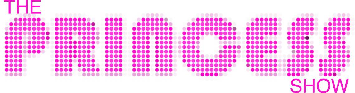 Text reading The Princess Show in block letters comprised of many pink dots.