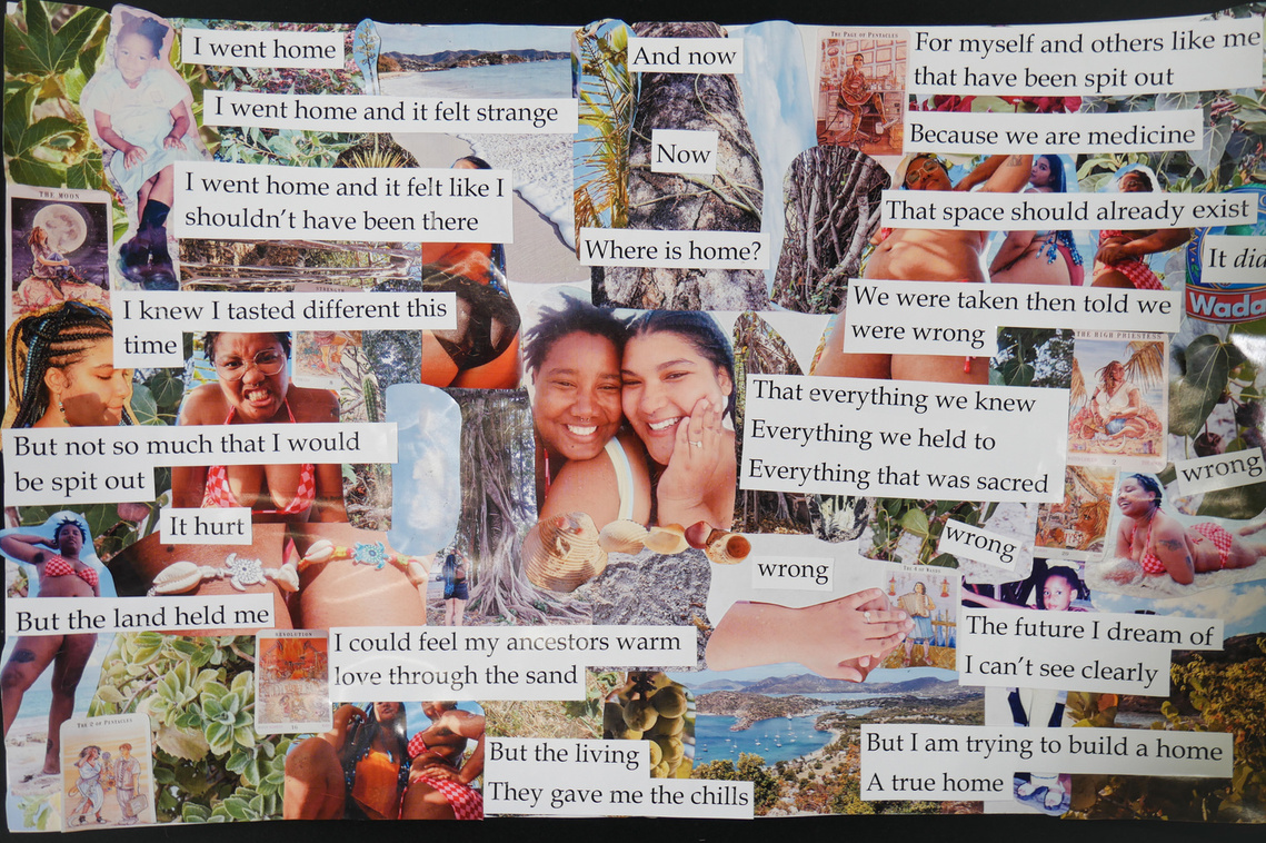 Collage of images of people, ocean, tarot cards and text (black text on white rectangular cut-out shapes). The text is a collaged version of the poem below: Where Do We Go From Here?