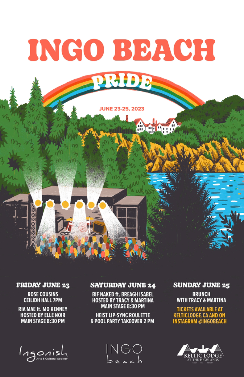 A hand-drawn poster for INGO BEACH PRIDE. The sea meets the cliffs of the Cape Breton Highlands with a the red-roofed Keltic Lodge nestled in the background. Above it a rainbow stretches across with the words INGO BEACH PRIDE above and within it. 