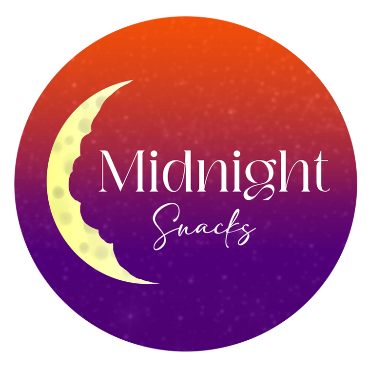 Project Logo: circular graphic with a top-down red to purple gradient. Text reads: Midnight Sweets (in white font). The text is bracketed on the left side by a yellow crescent moon.