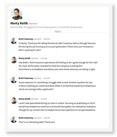 Interview conducted with alumni who struggled to find employment in the field post-graduation in Linkedin chat style.