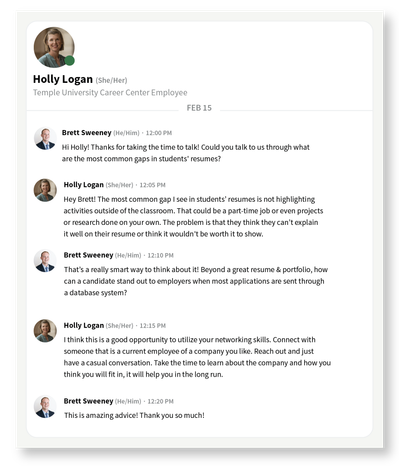 Interview conducted with Temple University career center employee in LinkedIn chat style
