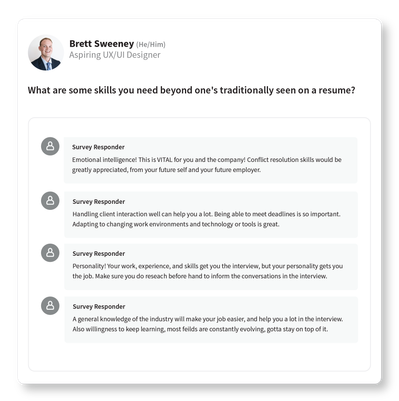 Survey testimonials are designed in Linkedin chat style.
