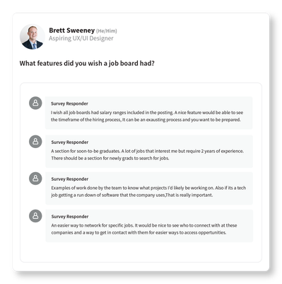 Survey testimonials are designed in Linkedin chat style.