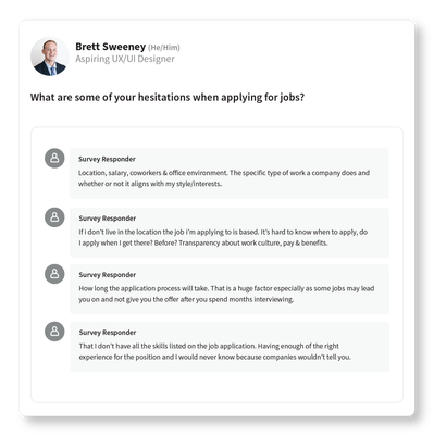 Survey testimonials are designed in Linkedin chat style.