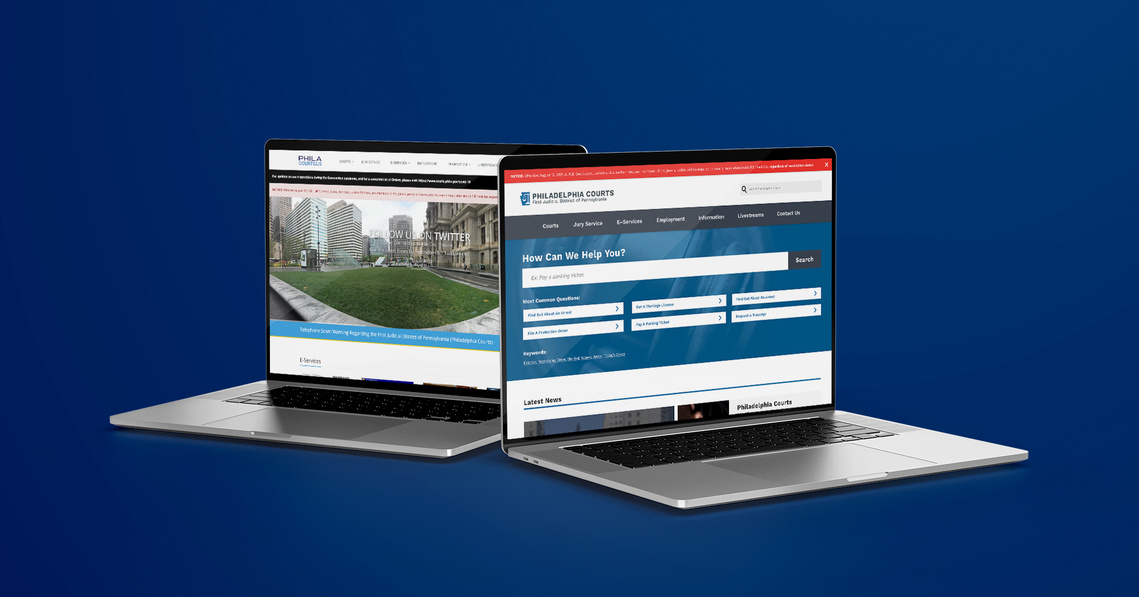 Mockup of two laptops with Philadelphia Courts website