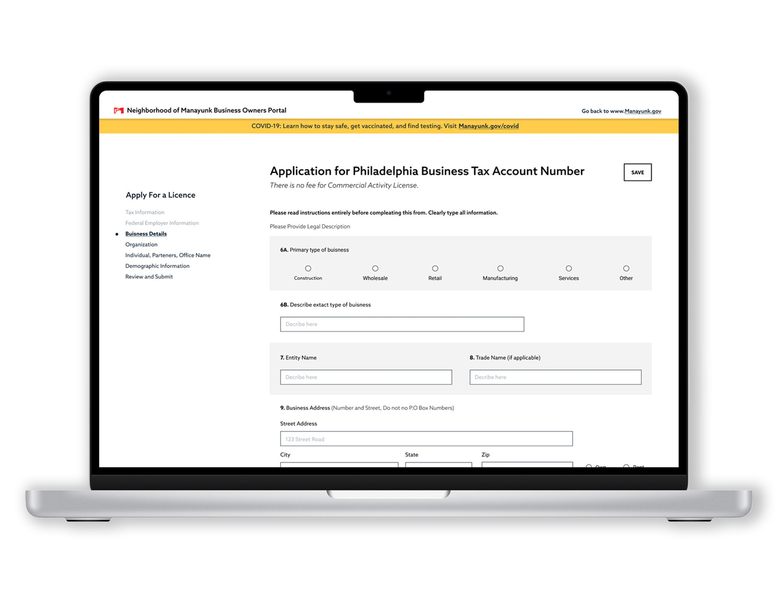 Mockup of Manayunk's form and portal page