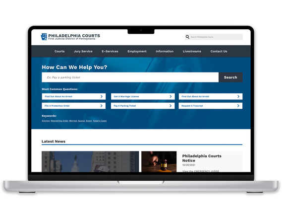 Laptop mockup displaying new Philadelphia Courts website 