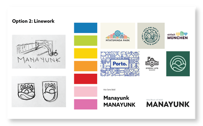 Moodboard, Color Choices, and Sketches for a visual direction of Manayunk
