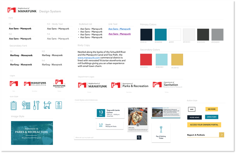 Design system detailing colors, fonts, logos & design elements used throughout interface