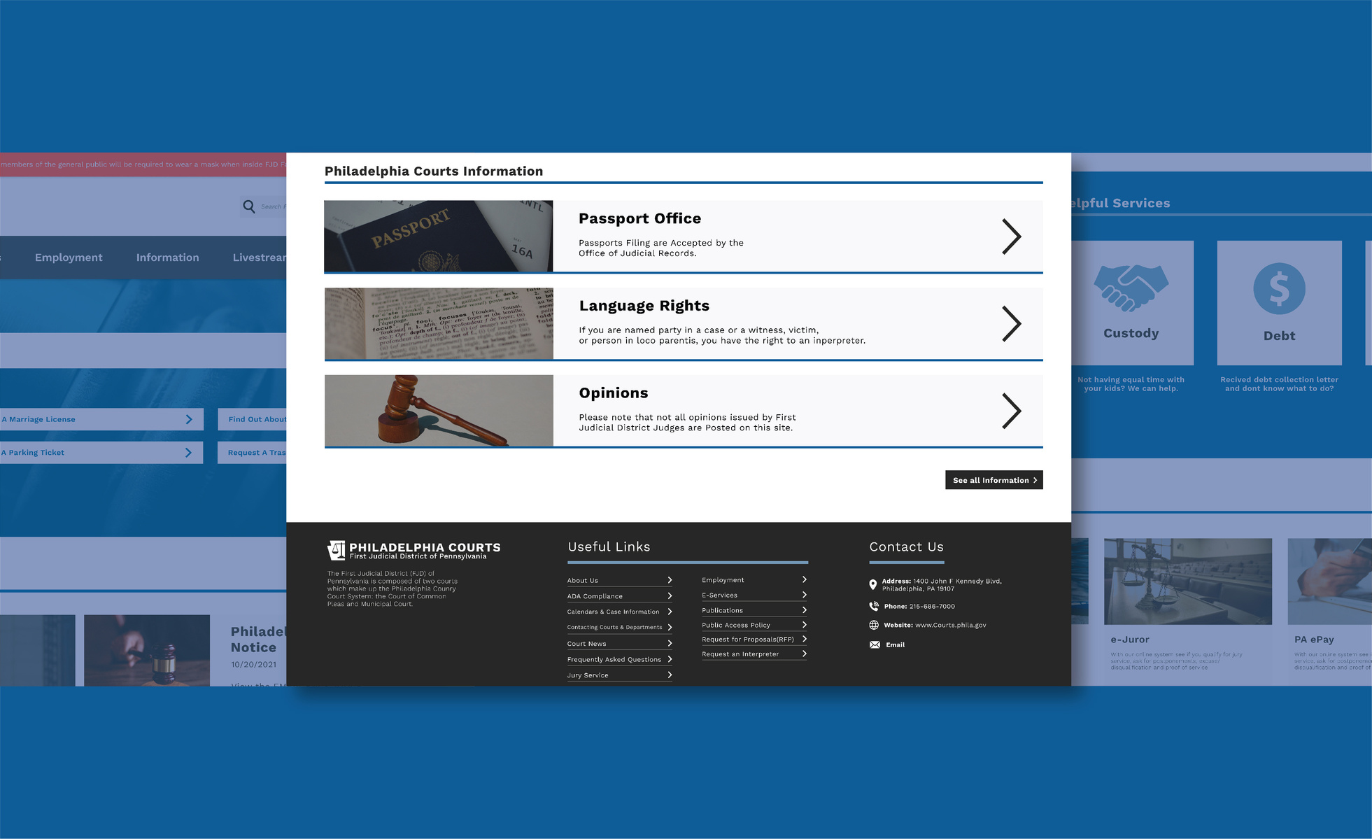 Interface displaying new Philadelphia Courts website 