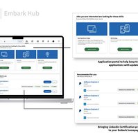 Laptop Mockup with Linkedin Embark displayed. Features are pulled out and highlighted in a larger format