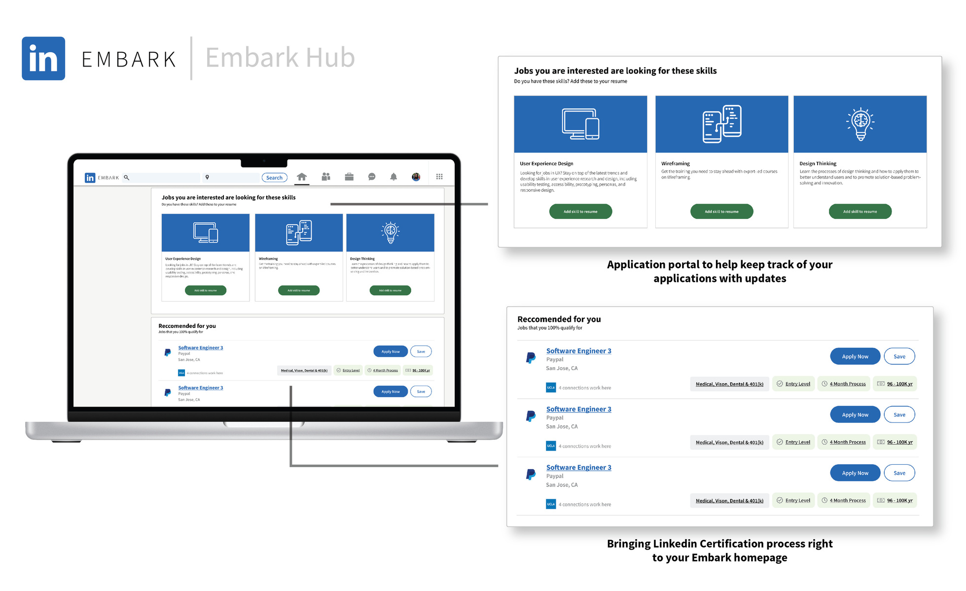 Laptop Mockup with Linkedin Embark displayed. Features are pulled out and highlighted in a larger format