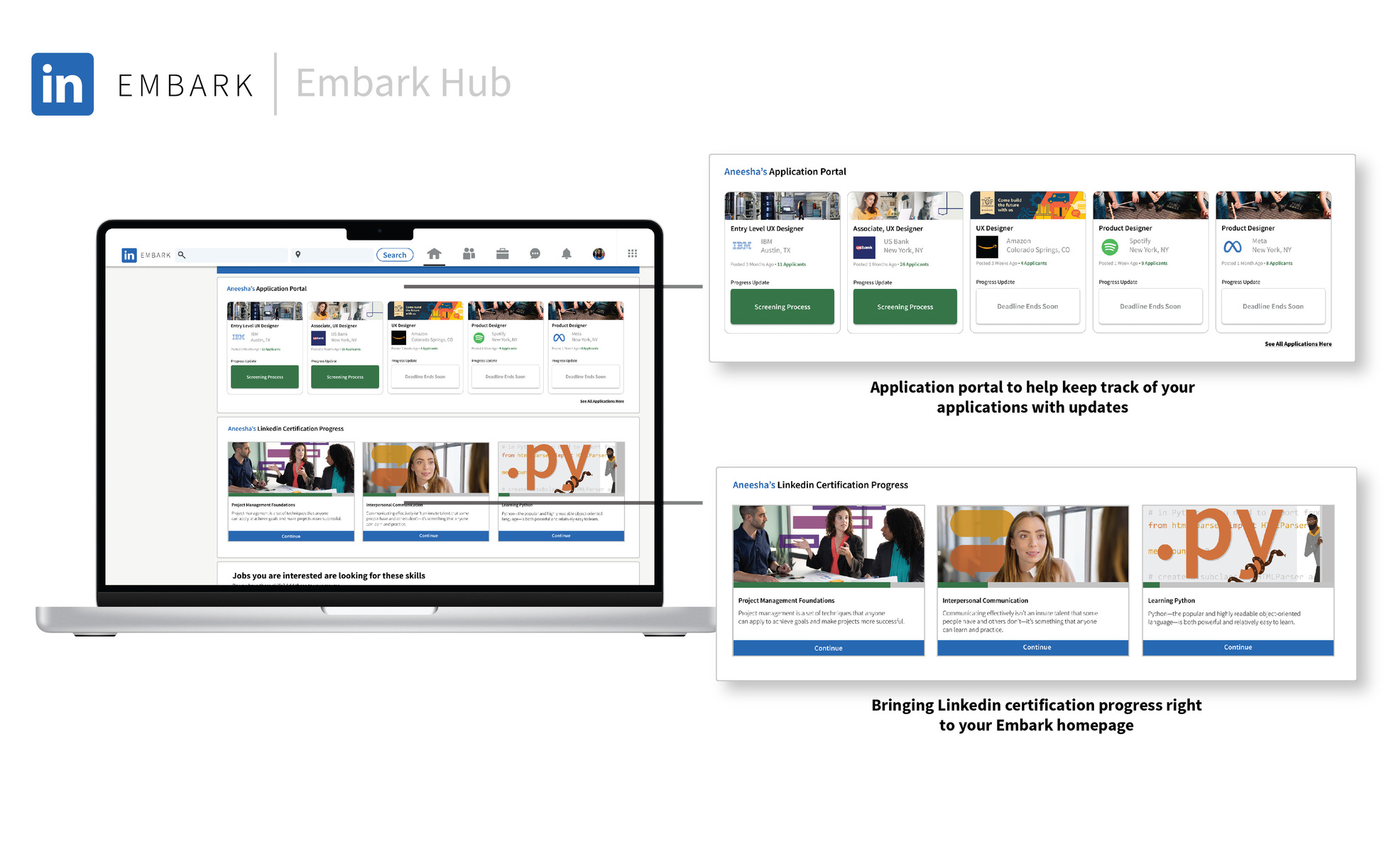 Laptop Mockup with Linkedin Embark displayed. Features are pulled out and highlighted in a larger format