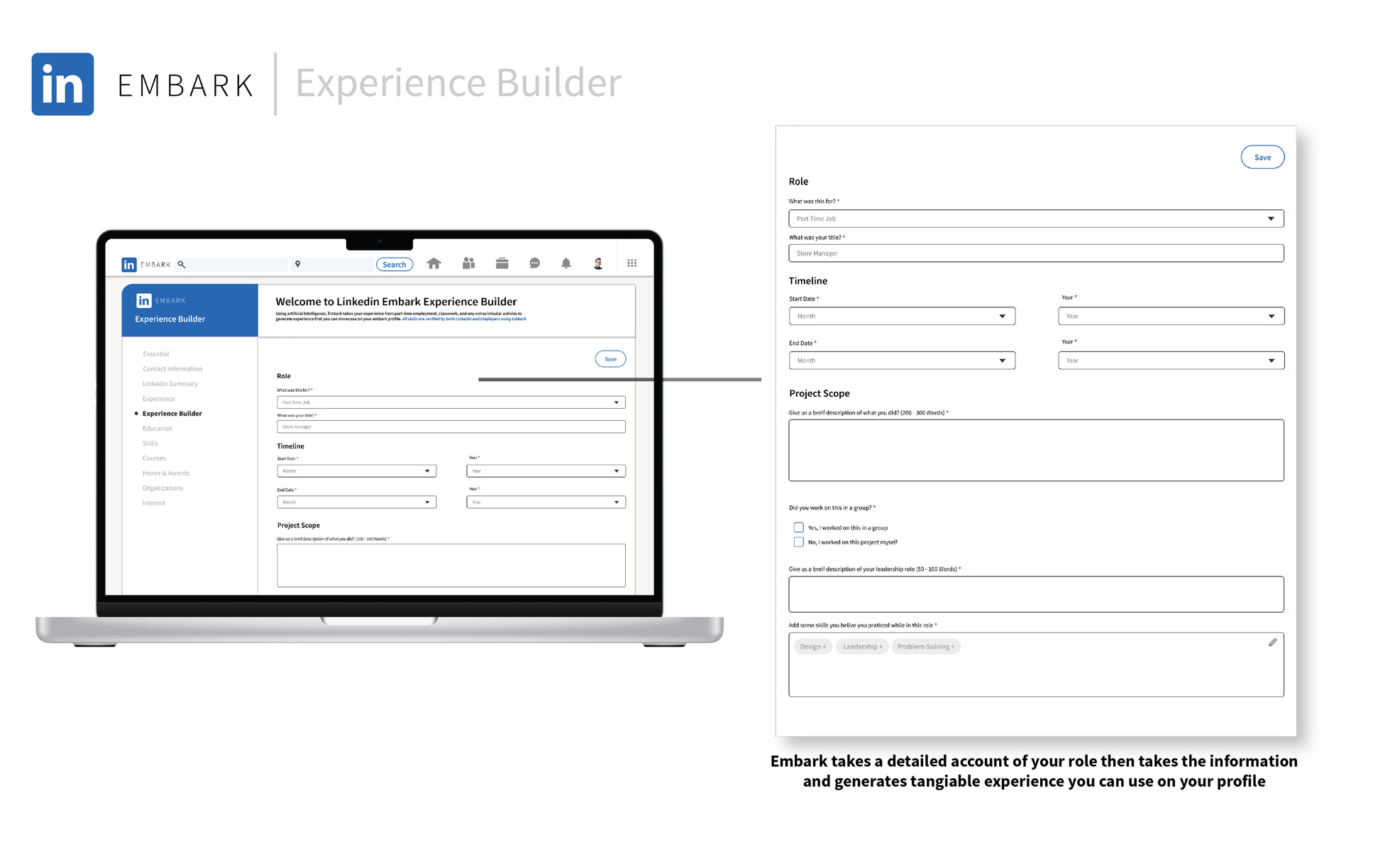Laptop Mockup with Linkedin Embark displayed. Features are pulled out and highlighted in a larger format