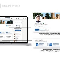 Laptop Mockup with Linkedin Embark displayed. Features are pulled out and highlighted in a larger format