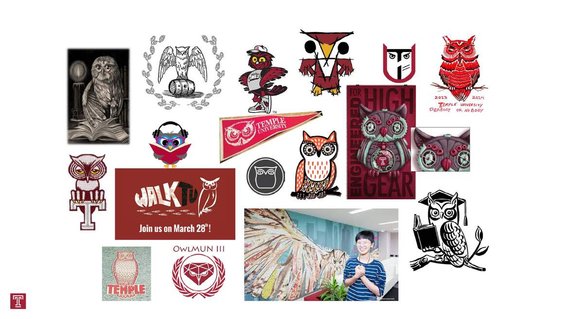 Multiple examples of previous Temple owl logos and designs
