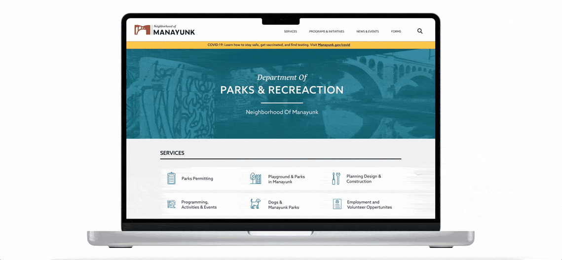 GIF of navigating Manayunk's Parks and Recreation page