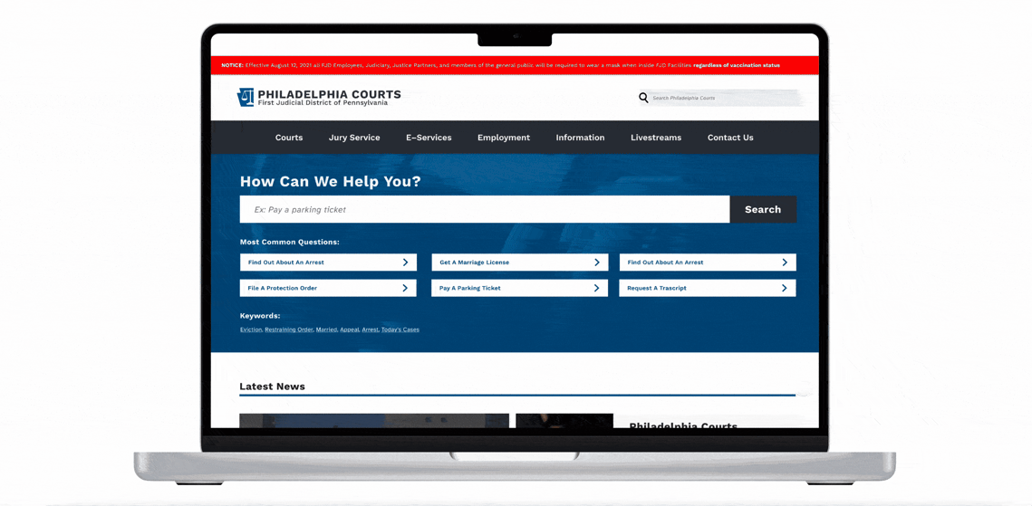 GIF playing walkthrough of old Philadelphia Courts website 