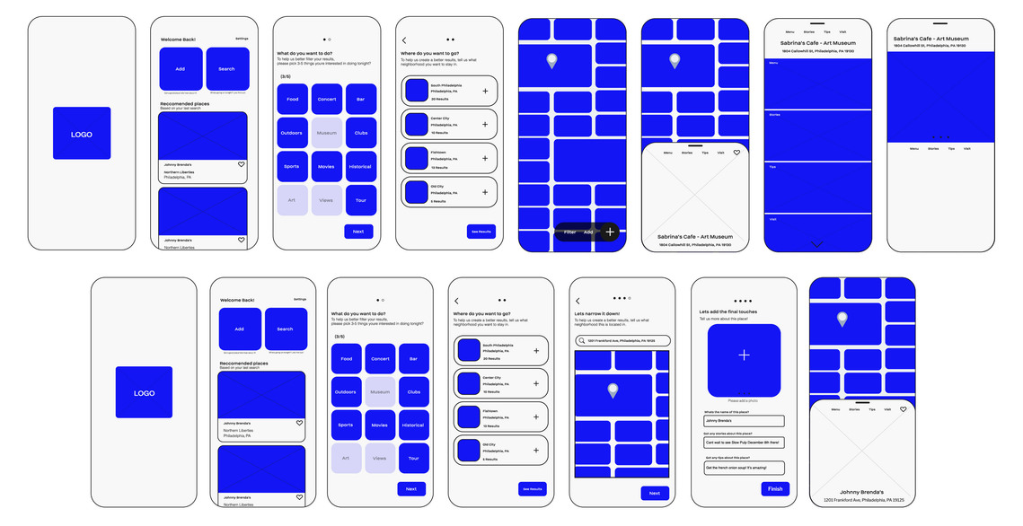 Wireframes of screens for Locals Only