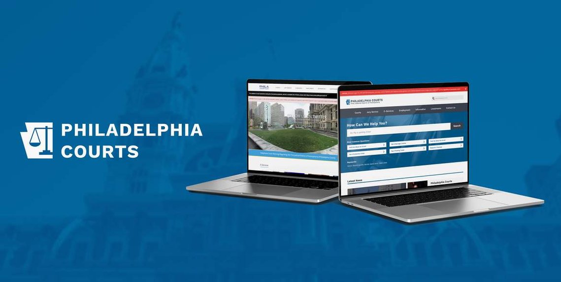 Philadelphia Courts header photo with logo and mockup of Interface and phone