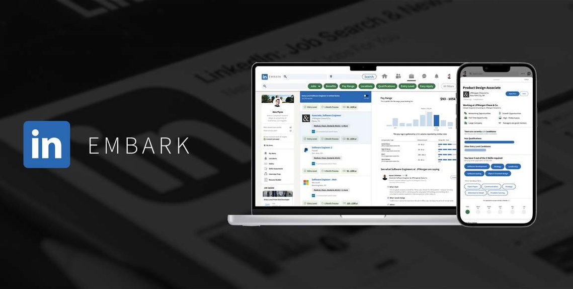 LinkedIn Embark header photo with logo and mockup of laptop and phone