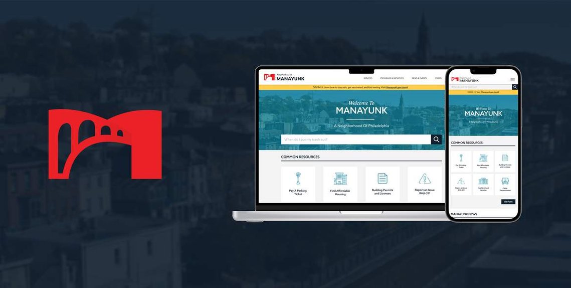 Manayunk header photo with logo and mockup of Interface and phone