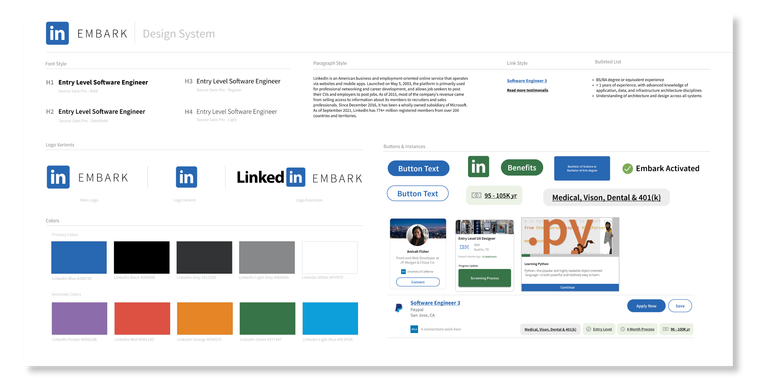 Detailed design system for LinkedIn Embark with fonts, colors and design assets