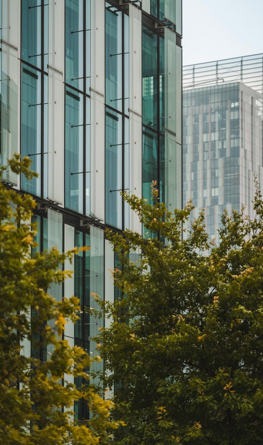 URBAN LIFESTYLE AND LOCAL AREA PHOTOGRAPHY OF SPINNINGFIELDS, MANCHESTER, cropped architecture shot of glass buildings and tress
