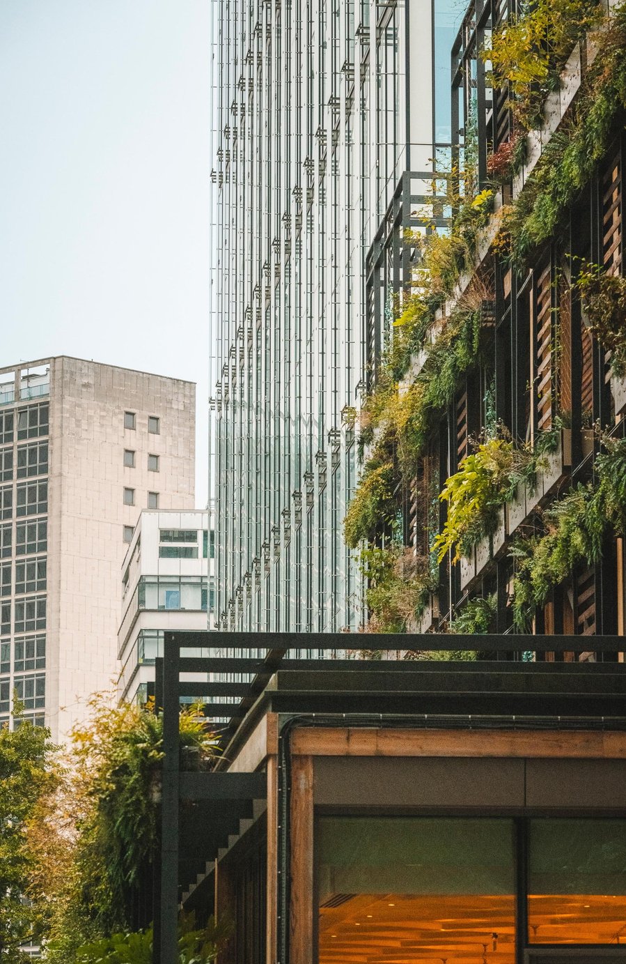 URBAN LIFESTYLE AND LOCAL AREA PHOTOGRAPHY OF SPINNINGFIELDS, MANCHESTER, shot of buildings and green living wall