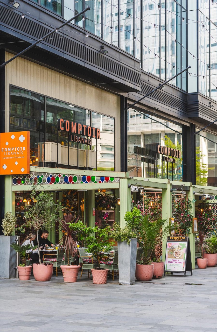 URBAN LIFESTYLE AND LOCAL AREA PHOTOGRAPHY OF SPINNINGFIELDS, MANCHESTER, exterior of restaurant with couple dining al fresco