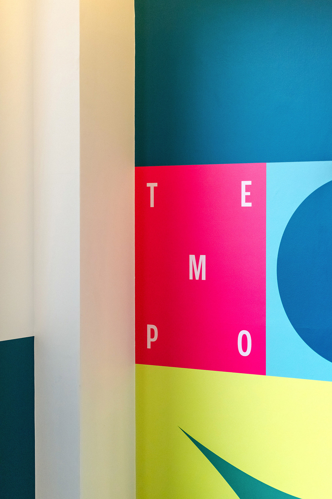 Environmental graphics photography showing large scale vibrant vinyl designs. Close up showing detail in colour and texture
