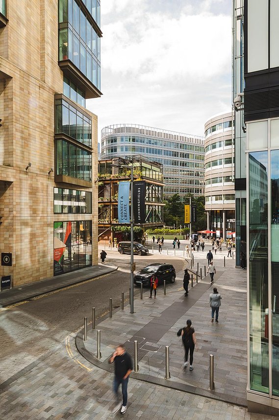 URBAN LIFESTYLE AND LOCAL AREA PHOTOGRAPHY OF SPINNINGFIELDS, MANCHESTER,architecture photography that shows the high-rise buildings with cars and people 