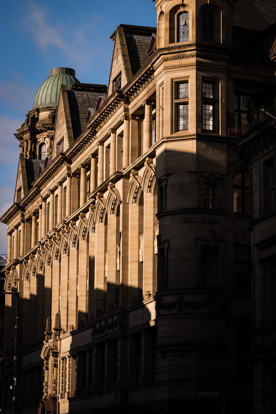 manchester city architecture building shows frontage of period property with shadows