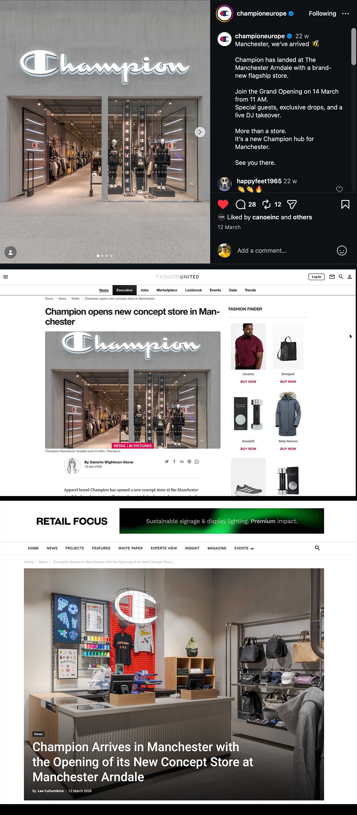 Press releases using my commercial interior photography in the Champion Manchester store.