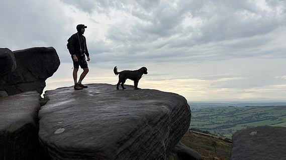 Manchester commercial photographer Steven Longbottom in a rural location with his dog