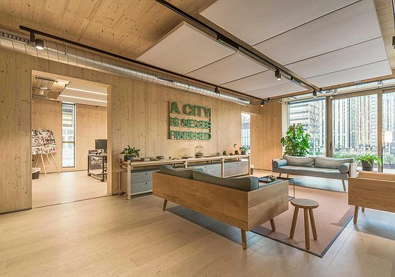 Case Study Photography Cover For Architectural And Interior Photography For Simpson Haugh, showing interior of a wood panelled space 

