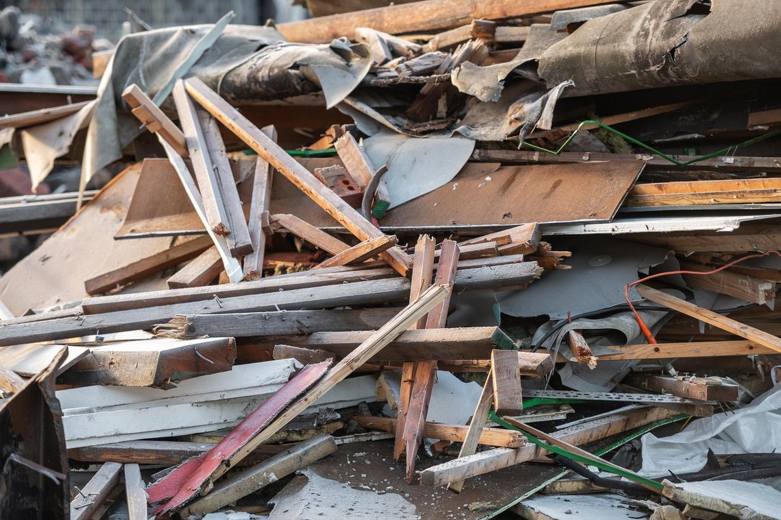 demolition works on site of shopping centre, pile of rubble