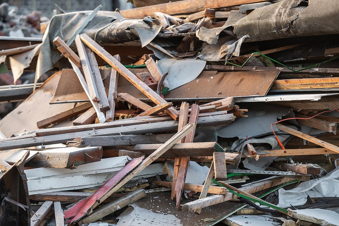 demolition works on site of shopping centre, pile of rubble