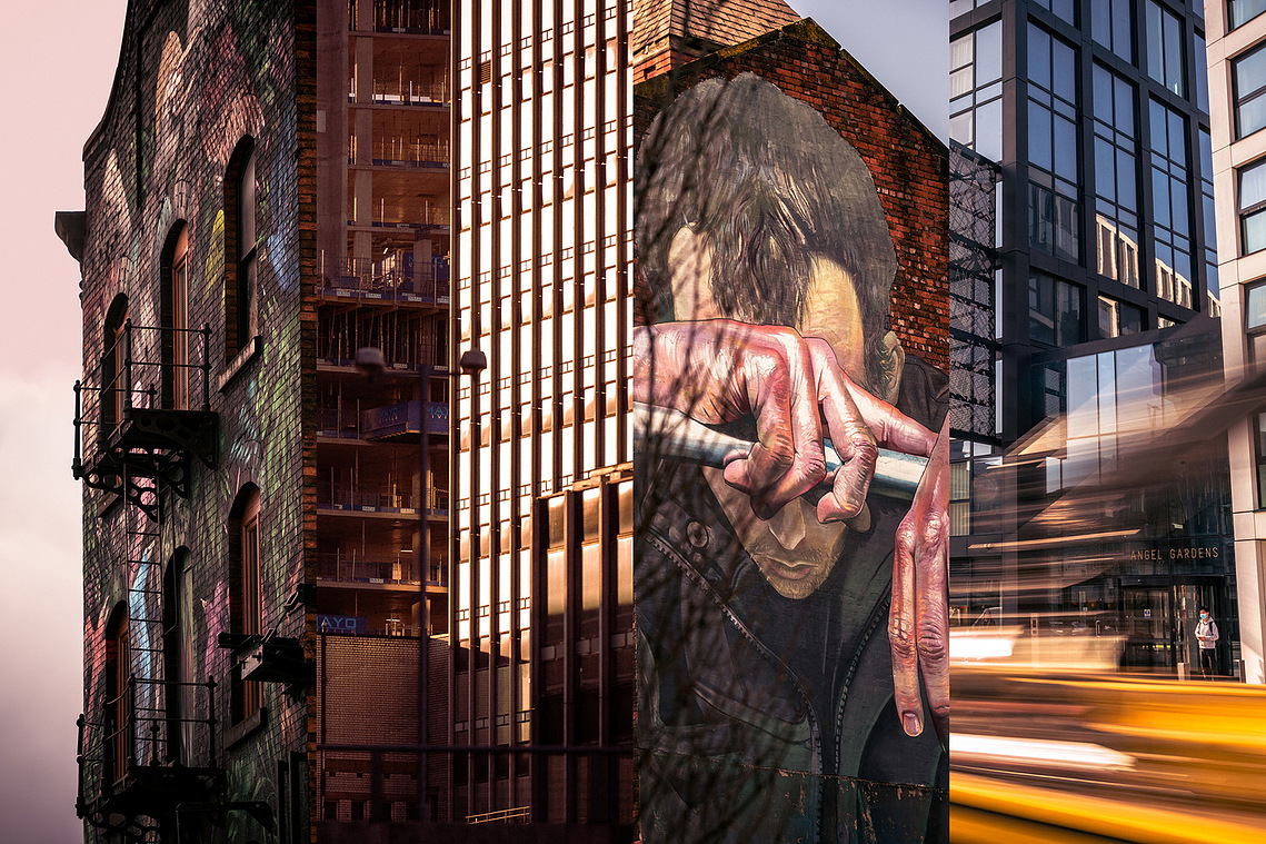 Montage of four placemaking photographs. Manchester urban streets. architecture and graffiti 