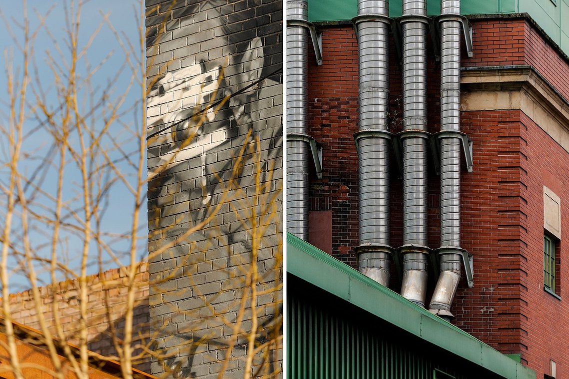architecture and lifestyle photography, manchester street photography, combination of two images side by side. on the left an abstract architecture photograph of street art on side of building. on the right, air ducts on outside of red brick building