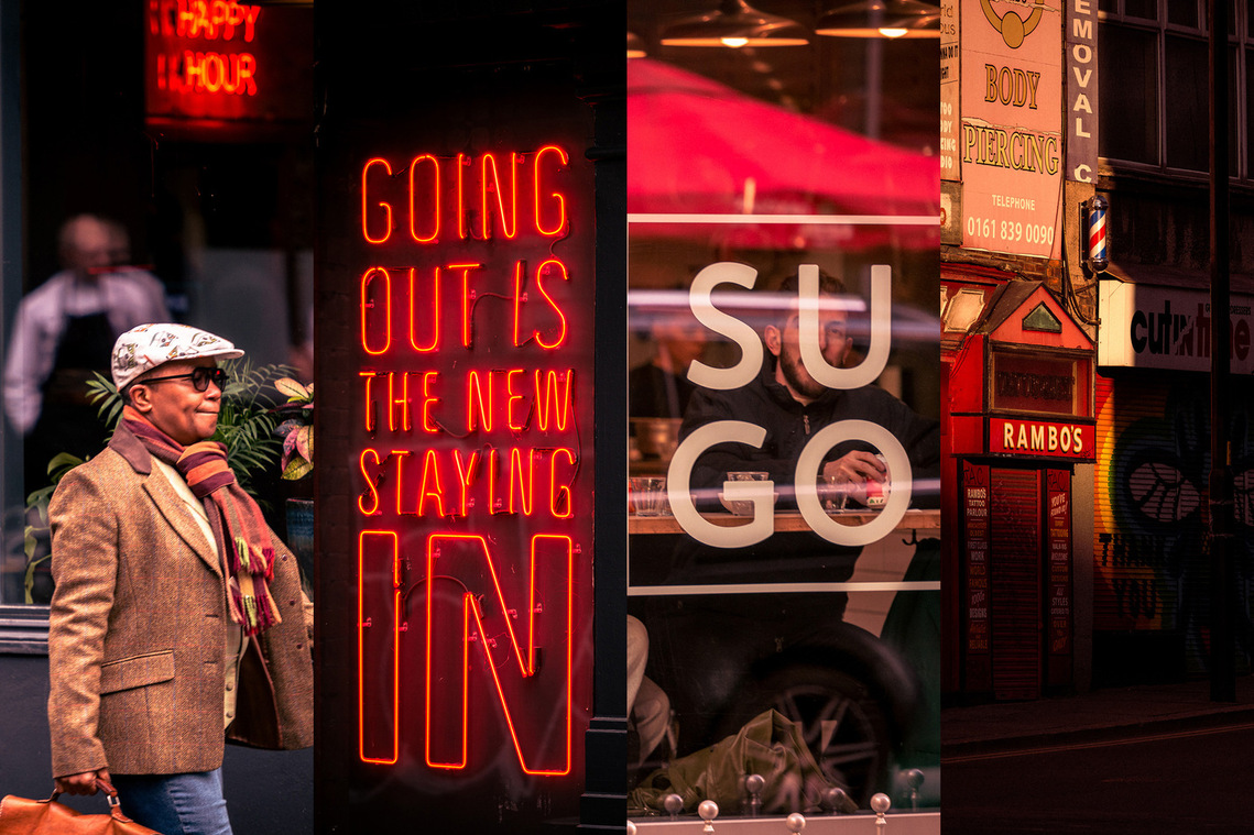 Montage of four photos of placemaking photography from manchester northern quarter. A stylish man walks past a bar, a neon sign in window, diners sat in window of restaurant and shop fronts