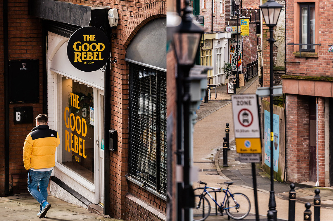 Montage of placemaking photographs. Stockport, underbanks. Typical period architecture and local businesses